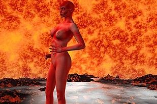 Busty bald woman posing naked by a wall of flames