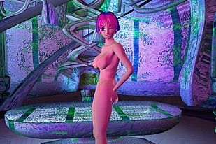 A pink skinned anime girl posing naked on a space ship