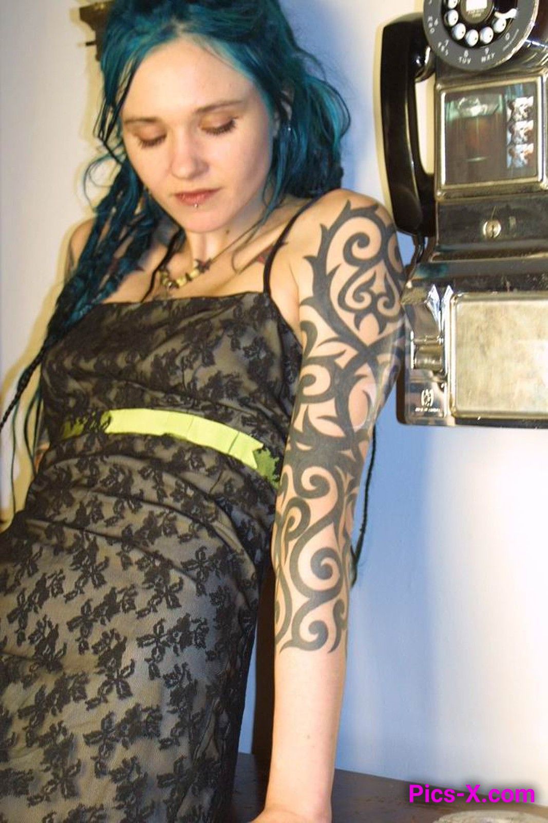 Blue haired punk babe playing with herself on the phone - Punk Rock Girlfriend - Image 1